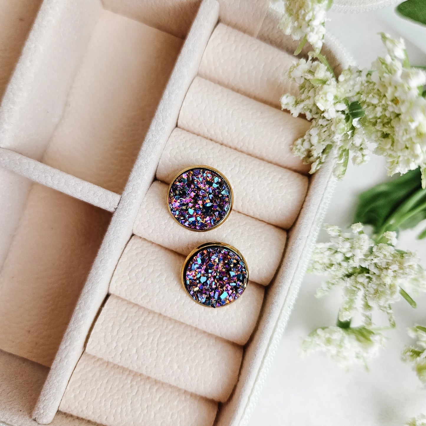 Rainbow Glitter Druzy Stud Earrings