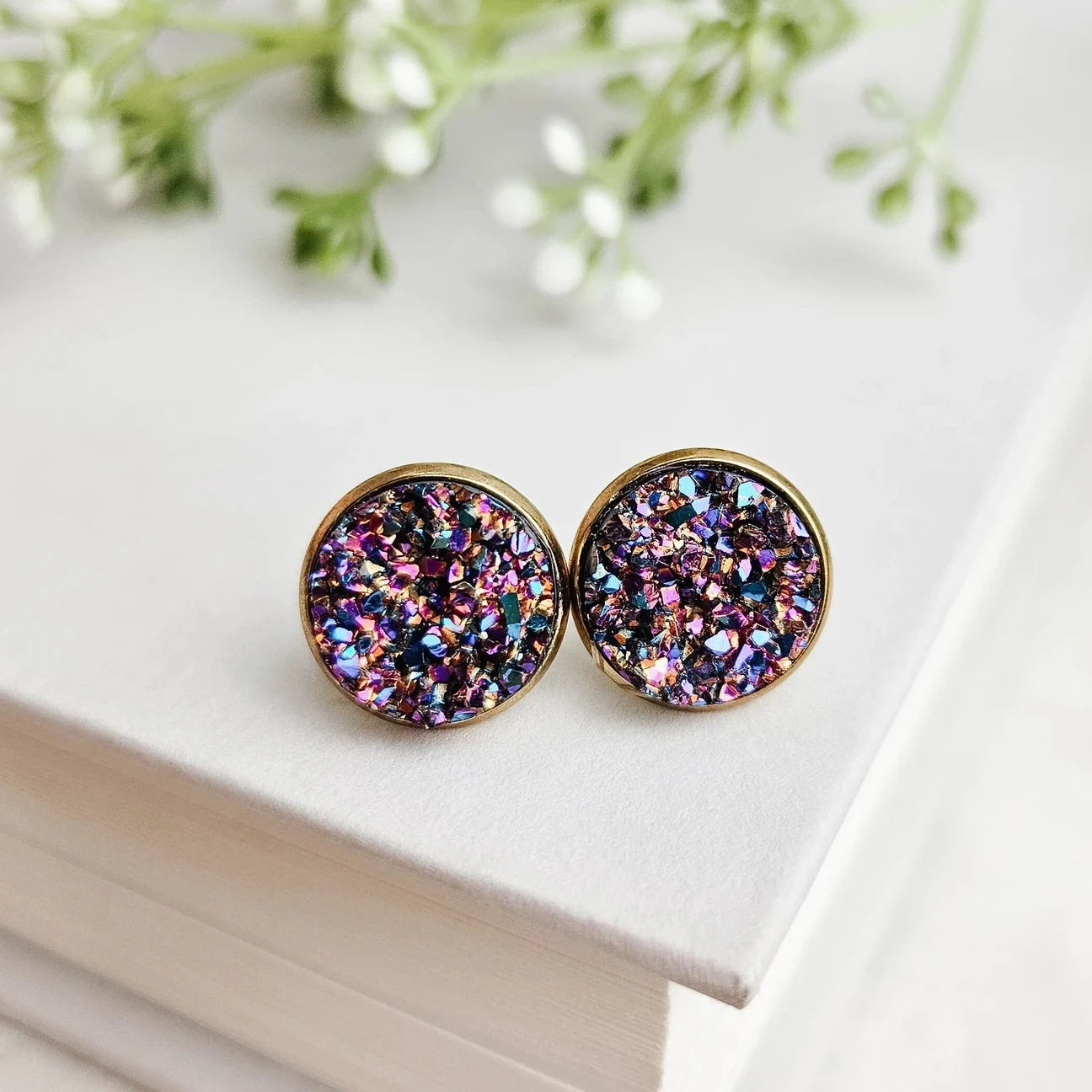 Rainbow Glitter Druzy Stud Earrings