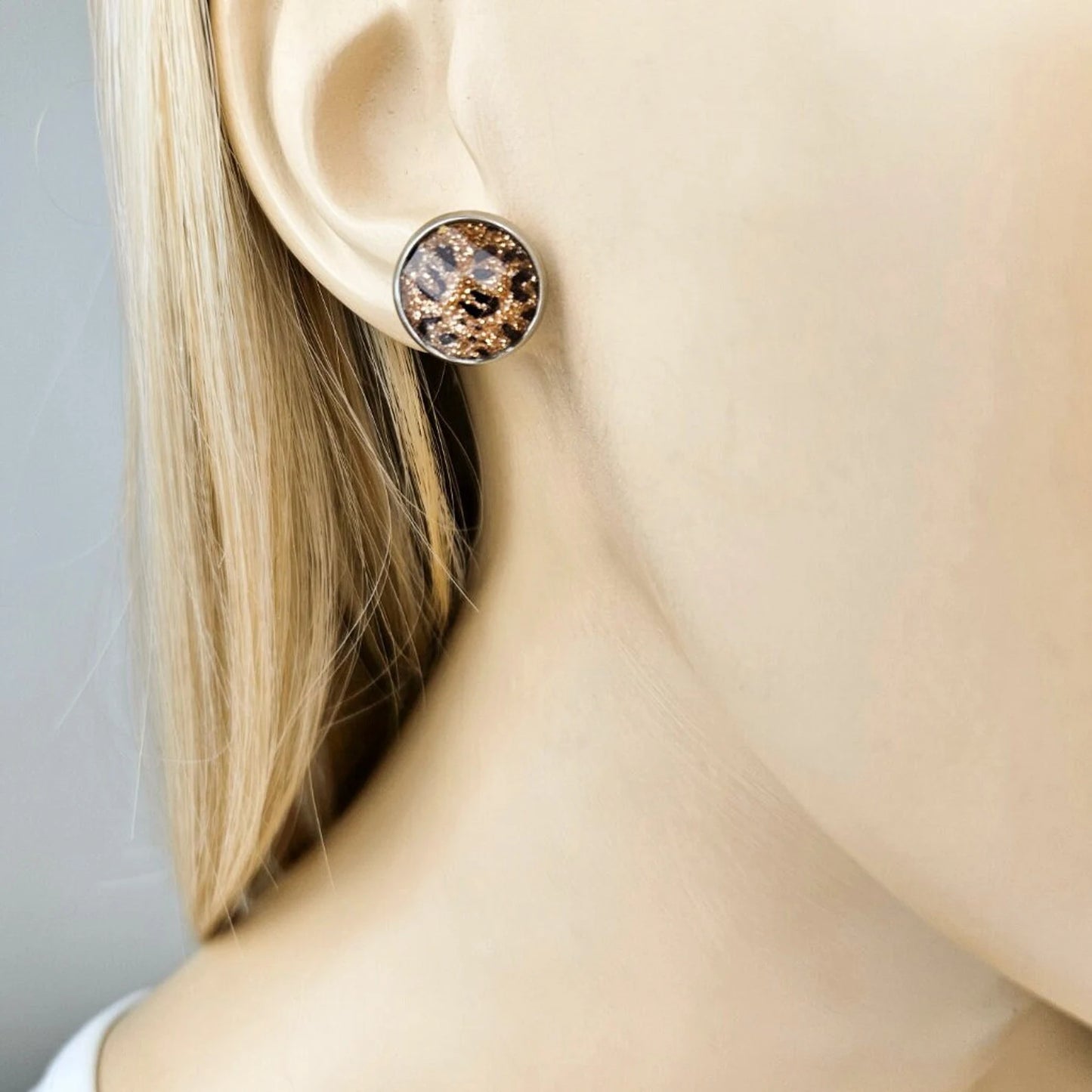 Leopard Print Silver Stud Earrings
