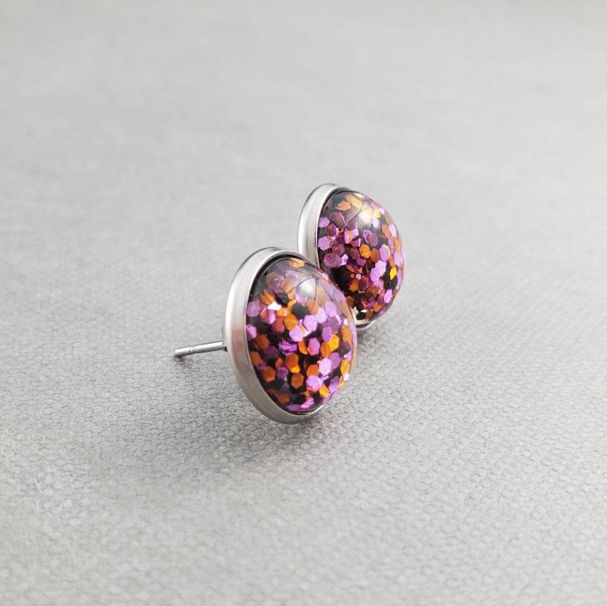 Pink Glitter Silver Stud Earrings