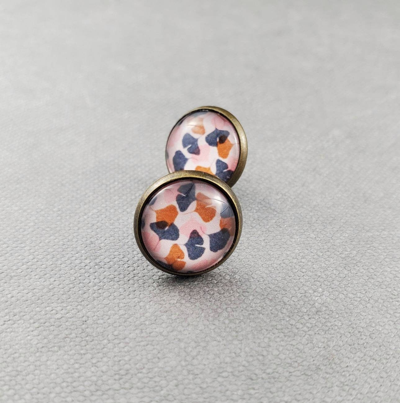 monstera and ginkgo leaf bronze stud glass earrings