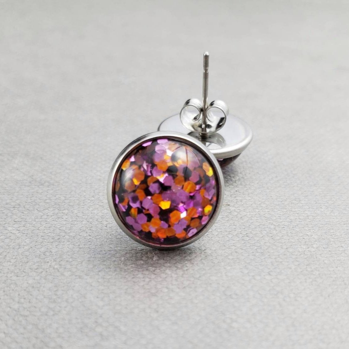 Pink Glitter Silver Stud Earrings