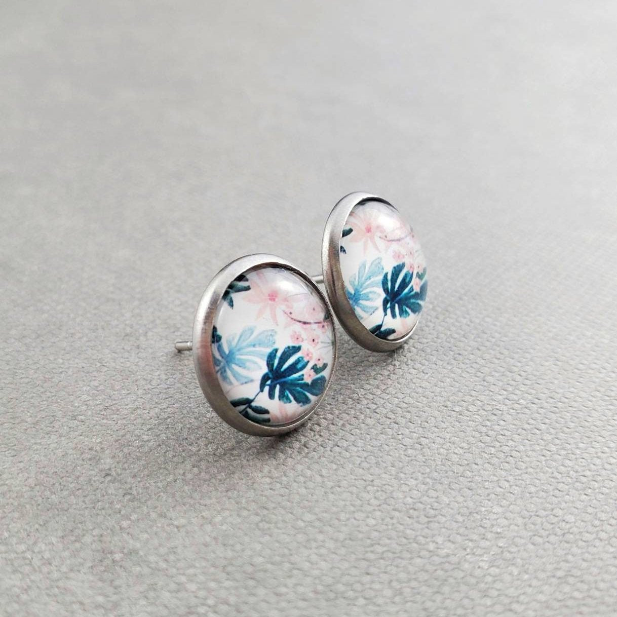 Pink Floral Silver Stud Earrings
