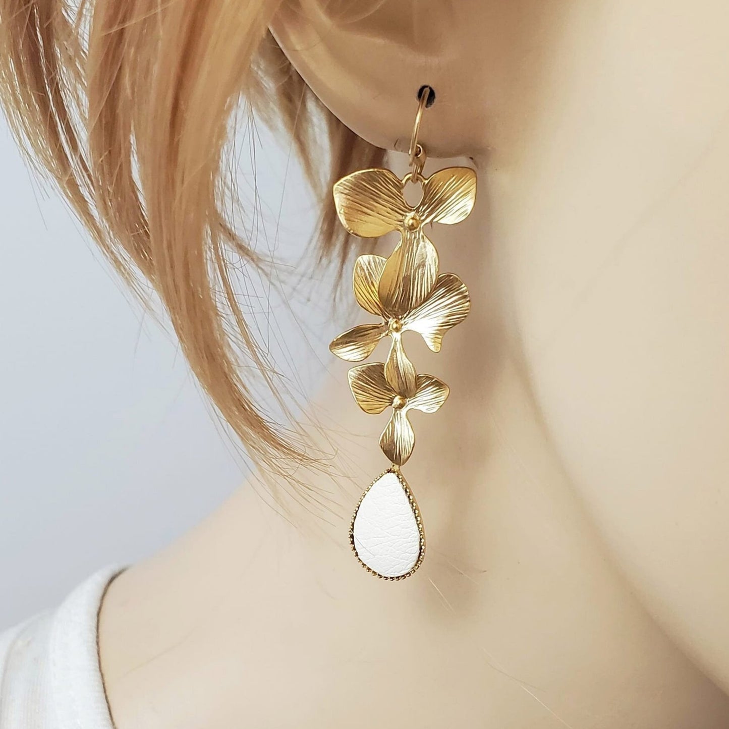 Long Gold Floral Orchid Earrings