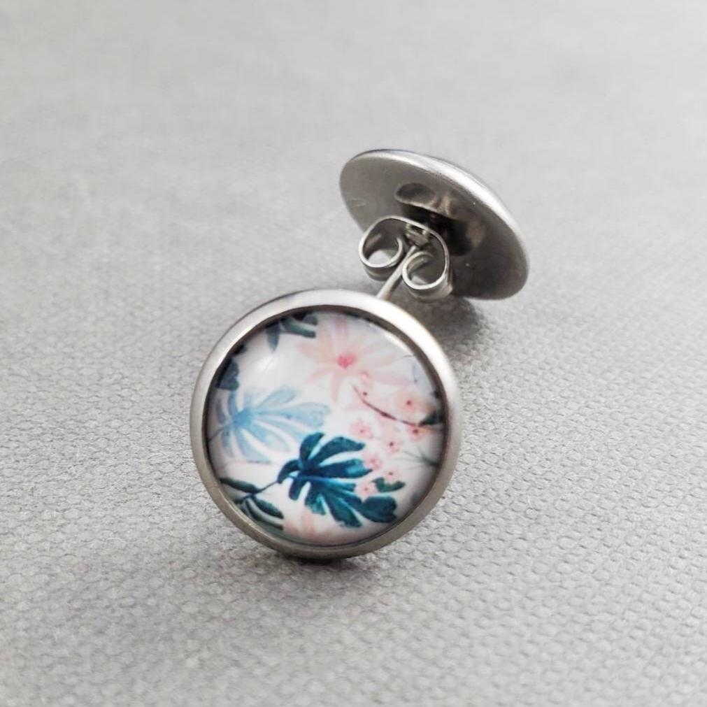 Pink Floral Silver Stud Earrings