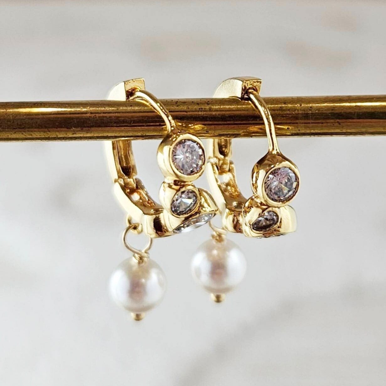 Gold Huggie Hoop Earrings with Pearl Drop