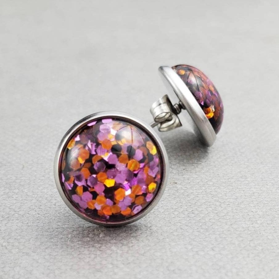 Pink Glitter Silver Stud Earrings