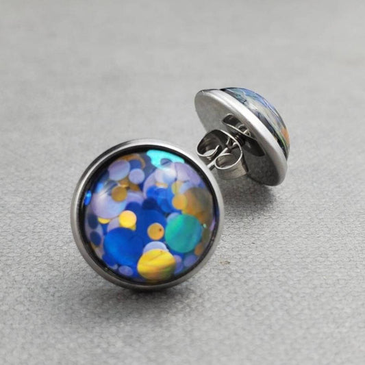 Blue Glitter Stainless Steel Stud Earrings